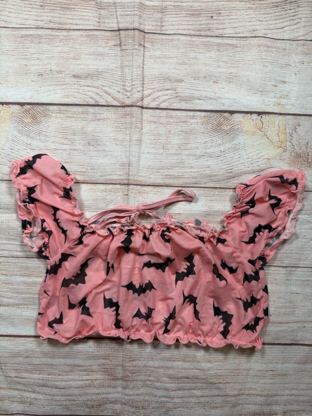 Pink Bat Print Off-Shoulder Sheer Mesh Crop Top